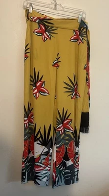 Мягкое окружение широкие ноги тропический цветочный брюки размер большой кисточки ремень Sz S - Изображение 1 из 4