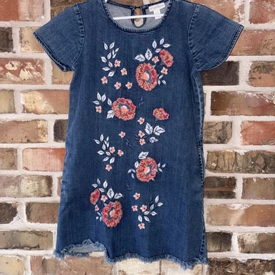 Garnet Hill Dress Girls Sz 10 Denim Embroidered Short Sleeve Raw Hem Boho - Image 1 of 4