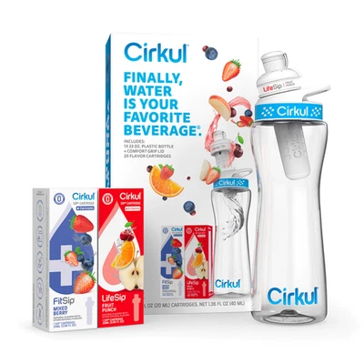 Cirkul 22oz Water Bottle Starter Kit Blue Lid 2 Flavor Cartridges