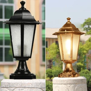 Glass Pillar Lights Outdoor Lantern Garden Lighting Yard Gate Black Post Lamp - Picture 1 of 14