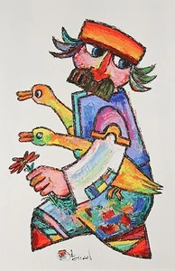 "Villager & Geese #59" by Jovan Obican Signed Original Acrylic on Paper 27 1/2x1 - Picture 1 of 2