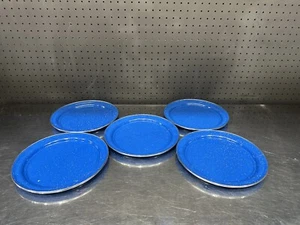 Blue Speckled Enamelware Metal Camping 10” Dinner Plates Set Of 5 - Picture 1 of 14