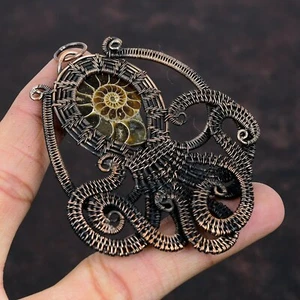 Ammonite Fossil Copper Bestie Gift Wire Wrapped Octopus Pendant 3.23" - Picture 1 of 6