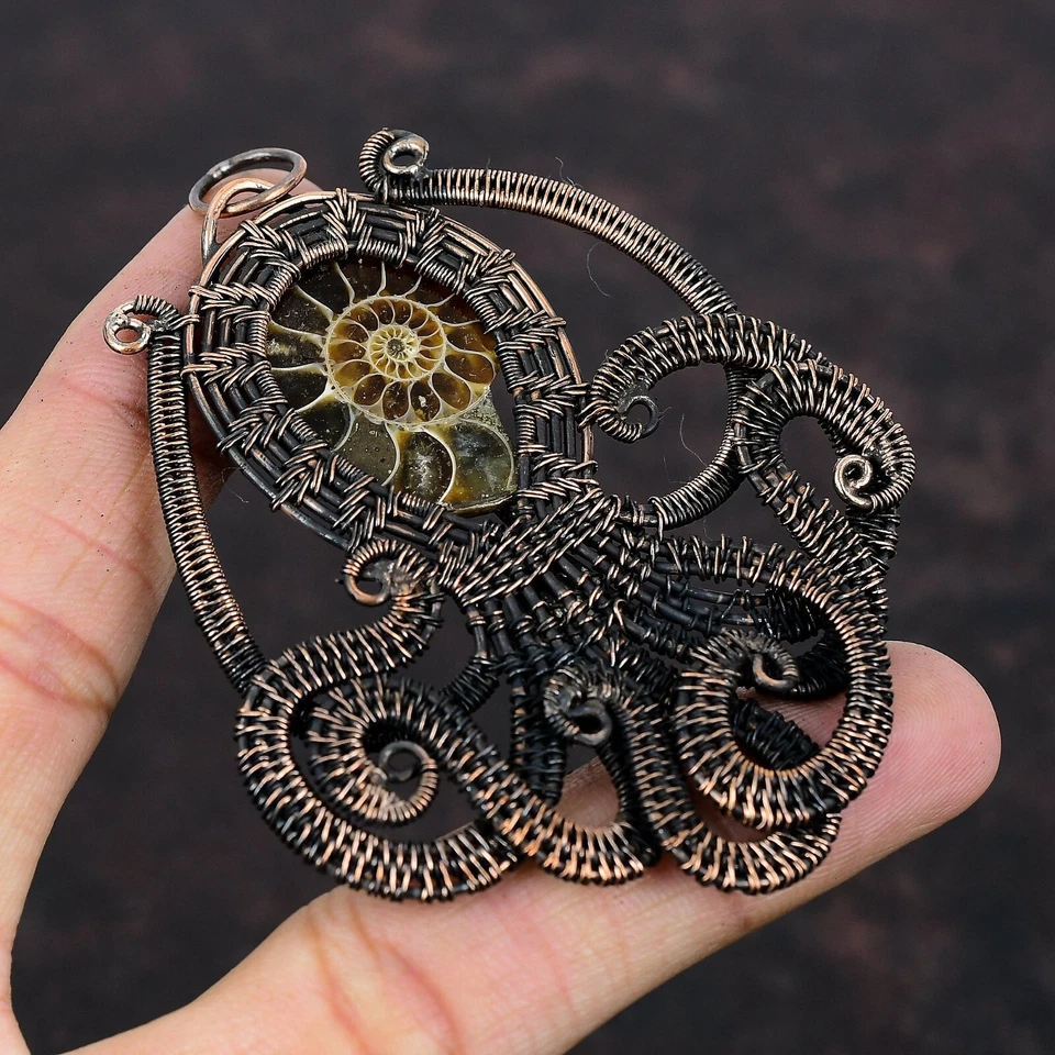 Ammonite Fossil Copper Bestie Gift Wire Wrapped Octopus Pendant 3.23" - Image 1 of 4