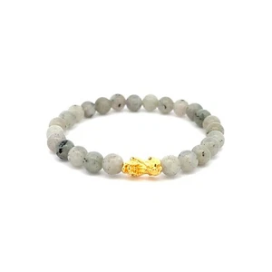 18K Gold Pixiu Piyao Bracelet Elastic Natural Gemstones Labradorite 6mm - Picture 1 of 4