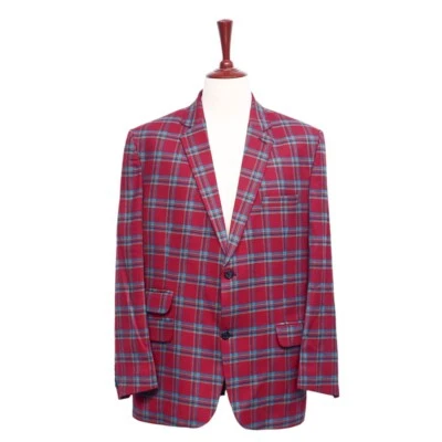 Mens 46R Wool Blazer Red Blue Plaid Check Sport Coat Formal Wedding Party Jacket - Image 1 of 4