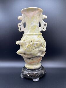 Pegasus Bud Vase Carved Yellow Soapstone On Black Soapstone Base 7-1/2 Inches