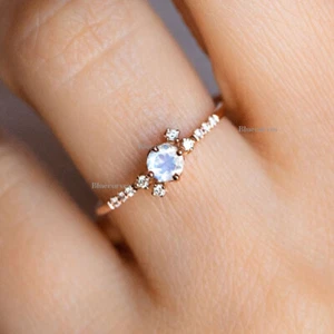 Real Moonstone & Diamond Cluster Ring Women Gift 14k Rose Gold Handmade Jewelry - Picture 1 of 4