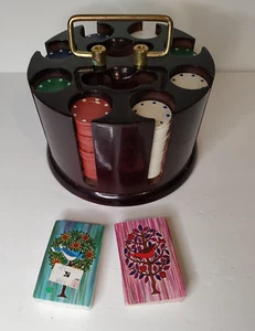 Vintage WOODEN Turntable Poker Chip Set Caddy 2 Decks of Cards Approx 200 Chips - Picture 1 of 9