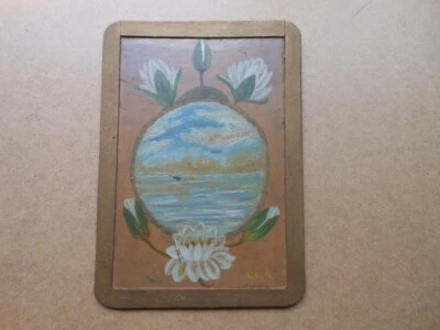 Primitive Antique Chalkboard Slate Artwork Oil Painting Signed Inscribed  - Image 1 of 4