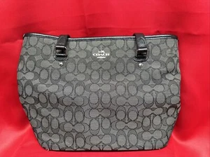 Coach # 58282 Signature Outline C Zip Top Tote Shoulder Bag Black & Gray - Picture 1 of 10
