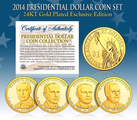 2014 Presidential $1 Dollar 24K GOLD PLATED President 4-Coin Full Set w/Capsules Cover