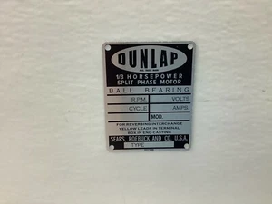 Dunlap 1/3 RD Horsepower Split Phase Electric Motor New Metal ID Tag - Sears Roe - Picture 1 of 1