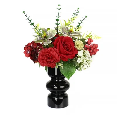 Artificial Flower in Black Glass vase, Red Roses,Carnations, Orchids, Artific... - Image 1 of 4
