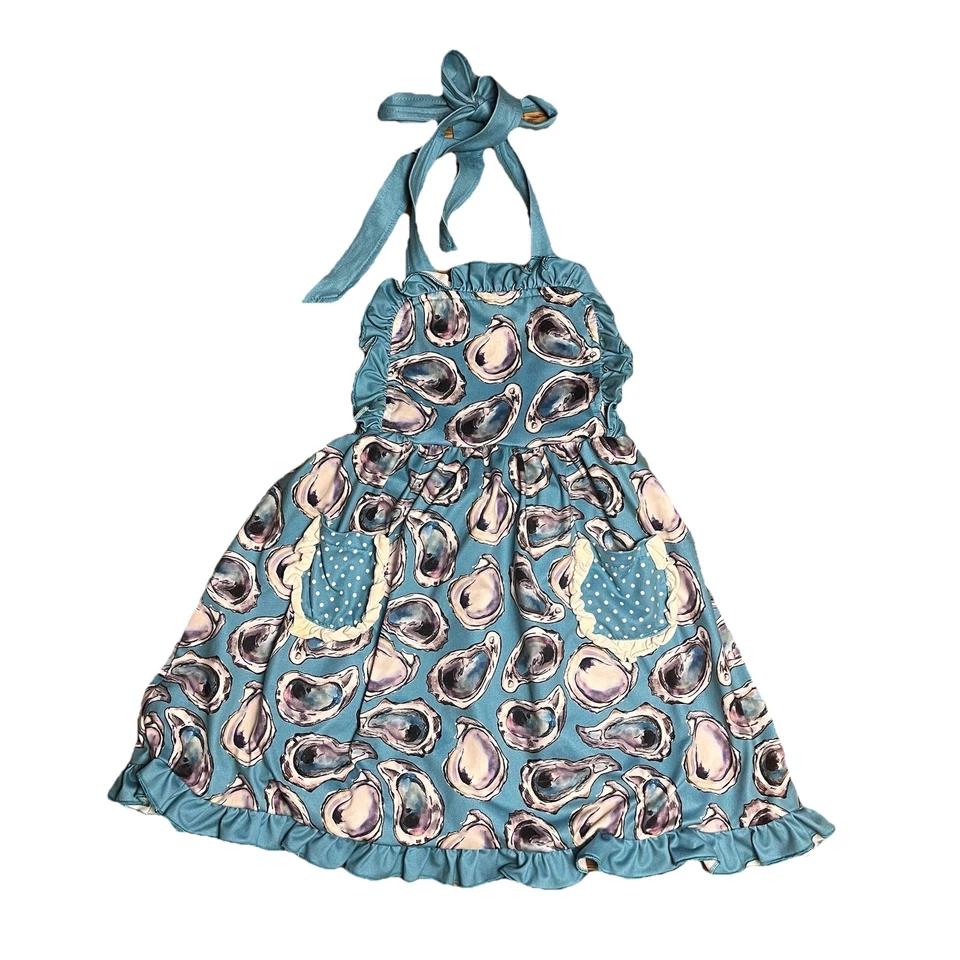 Jolie Beau Oyster Print Halter Dress Blue Ruffle Pockets Toddler 18-24 Months - Image 1 of 4