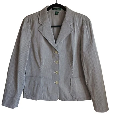Chaqueta Blazer Lauren Ralph Lauren Seersucker Azul Blanco Talla LP Preppy Coastal  Foto 1 de 4