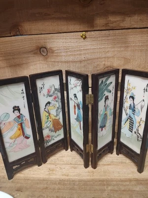Chinese 5 Panel Folding Wood Screen With Ceramic Tiles Double Sided Mini - Image 1 of 4