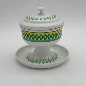Pedestal con patas de metal con tapa blanco verde amarillo cuenco plato con placa base adjunta - Imagen 1 de 16