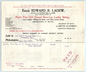 BILLHEAD Edward R Ladew 4/16 1908 Lace Leather, Belting Sundries Oak Leather - Picture 1 of 2