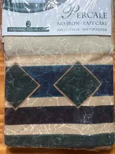 Percale 2 Standard Pillowcases Striped Border Green Beige - Picture 1 of 7