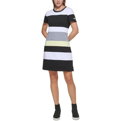 DKNY JEANS Tshirt Dress Small Black White Yellow Knit Striped Short Sleeve NWT - Image 1 of 4
