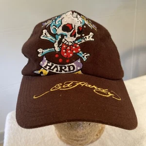 Ed Hardy Trucker Hat Brown Felt Mesh Love Dies Hard Skull Rhinestone Snap Back - Picture 1 of 8