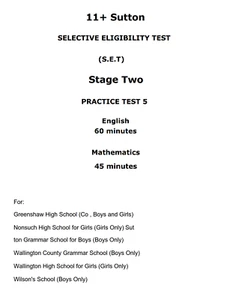 11+ 11 Plus Sutton Selective Eligibility Test (SET) Stage 2 Mock Exam Paper 05 - Picture 1 of 1