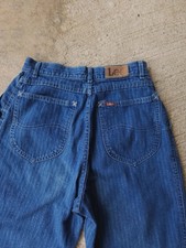 Vintage 70s Lee Jeans Tapered Pin Railroad Stripe Hickory Calico Dark Wash 25x28