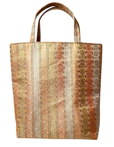 Silk Bamboo Kimono Striped Yellow Orange Gold Tones Tote Handbag - Picture 1 of 14