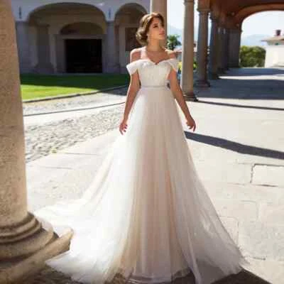 Elegante Vestido de Novia Línea A Hombro Descubierto Mangas Encaje Apliques Vestidos de Novia Foto 1 de 4