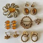 Vintage Amber Orange Tone Rhinestone Jewelry Earrings Brooches Chunky Art Deco