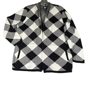 Lands End Womens Black Buffalo Check Open Front Sweater Cardigan Large Petite LP - Picture 1 of 7