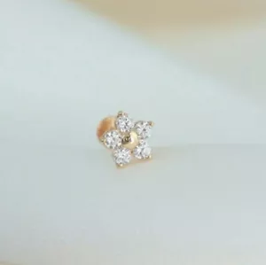 14K Solid Gold Genuine Diamond Flower Cartilage Stud Nose/Ear Pin Piercing Pin. - Picture 1 of 12