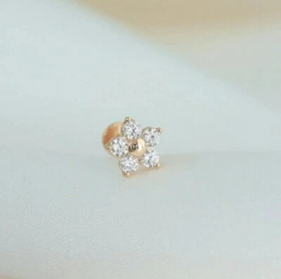 14K Solid Gold Original Diamant Blume Knorpel Stecker Nase / Ohr Anstecknadel - Bild 1 von 4