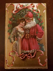 Jugendstil Weihnachtsmann Romantik schönes Mädchen Weihnachten fröhlich Postkarte - Bild 1 von 2