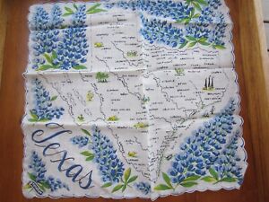 Vintage 1960's Ranshaw Texas State Map Souvenir HANDKERCHIEF Hankie Blue Bonnet