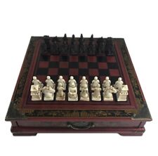 Antique Chess Set Board Terracotta Army Wood Carved Unique Vintage Collectible