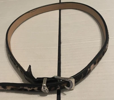 VTG Brighton Leopard Cheetah Leather Skinny Belt Women 34 Silver Etched Buckle - Image 1 of 4