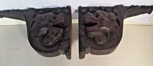 ANTIQUE GOTHIC PAIR EUROPEAN WOOD CARVED GARGOYLE DRAGON-FACE CORBELS BRACKETS - Picture 1 of 6