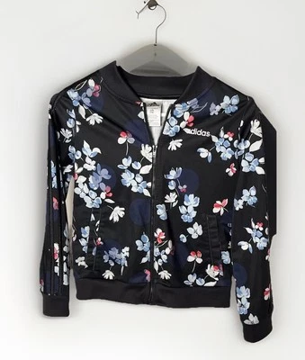 Adidas Long Sleeve Sport Girl's Large (14) Full Zip Black & Floral Track Jacket - Image 1 of 4