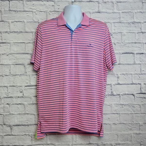 RLX Ralph Lauren Shirt Men Size Large Punta Mita Logo Pink Blue Stripe Golf Polo - Picture 1 of 18