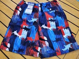 NEW Reel Legends Boy's L 12 14 Swim Board Shorts Red White Blue Sharks UPF 50 - Picture 1 of 1
