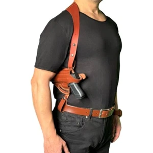 L066 Leather Shoulder & Belt Holster (2in1) For GLOCK 17 19 22 23 LEFT-HANDED - Picture 1 of 17