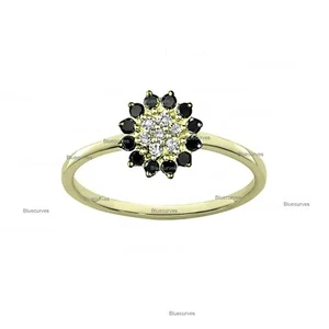 Anello fascia floreale diamanti bianchi e neri naturali oro giallo 14 kt gioielli fatti a mano - Foto 1 di 3