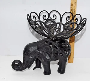 Vintage Cast Iron and Wrought Iron Garden Elephant Basket Bowl Plant Stand Statu - Picture 1 of 8
