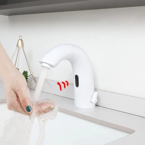 Touchless Bathroom Sink Faucet White Mixer Basin Sensor Arc Taps Single Handle - Picture 1 of 12
