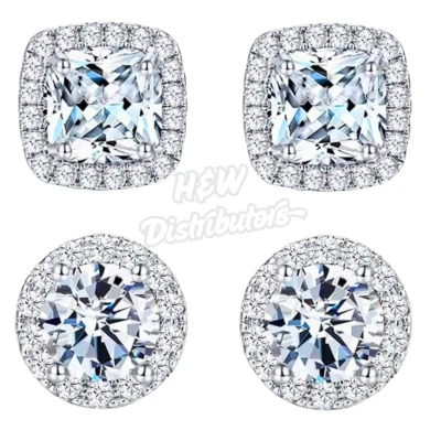 Juego de 2 pares de aretes redondos y cuadrados de lujo con circonita cúbica tono plata joyería de moda Foto 1 de 4