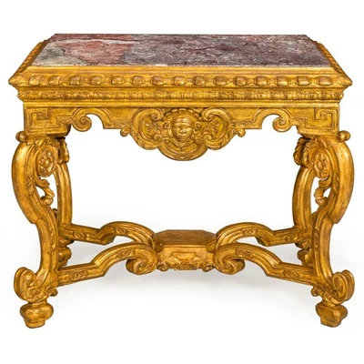 Mesa consola italiana barroca del siglo XVIII de madera dorada con tapa de mármol Foto 1 de 4