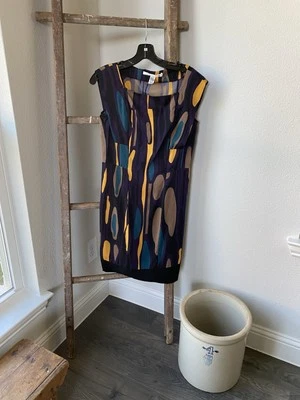 Vestido Diane Von Furstenberg para mujer talla 4 negro dorado verde azulado seda vestido recto geo Foto 1 de 4