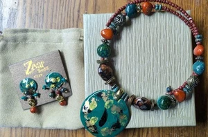 Zevar By Treska Teal Rust Brown Green Beaded Necklace Choker & Matching Earrings - Picture 1 of 8